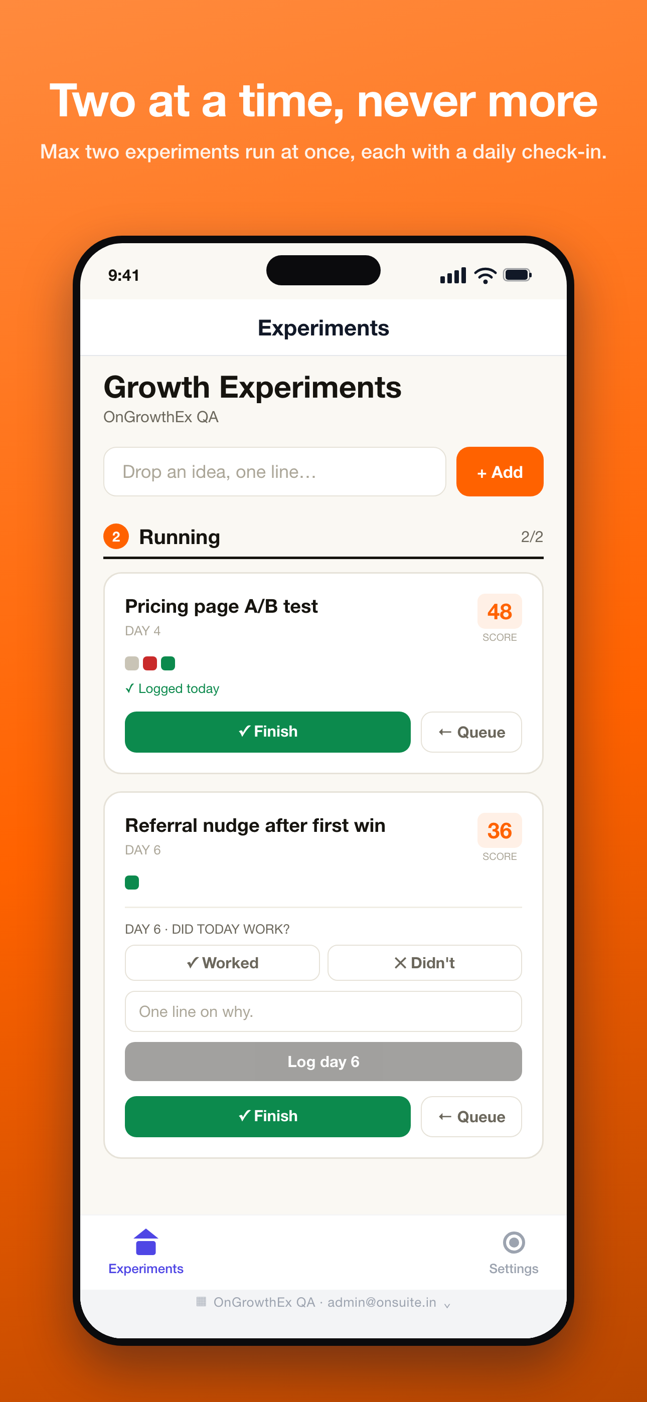 Mobile companion (Expo) — Running: two experiments live (2/2), trend dots and the daily did-today-work check-in