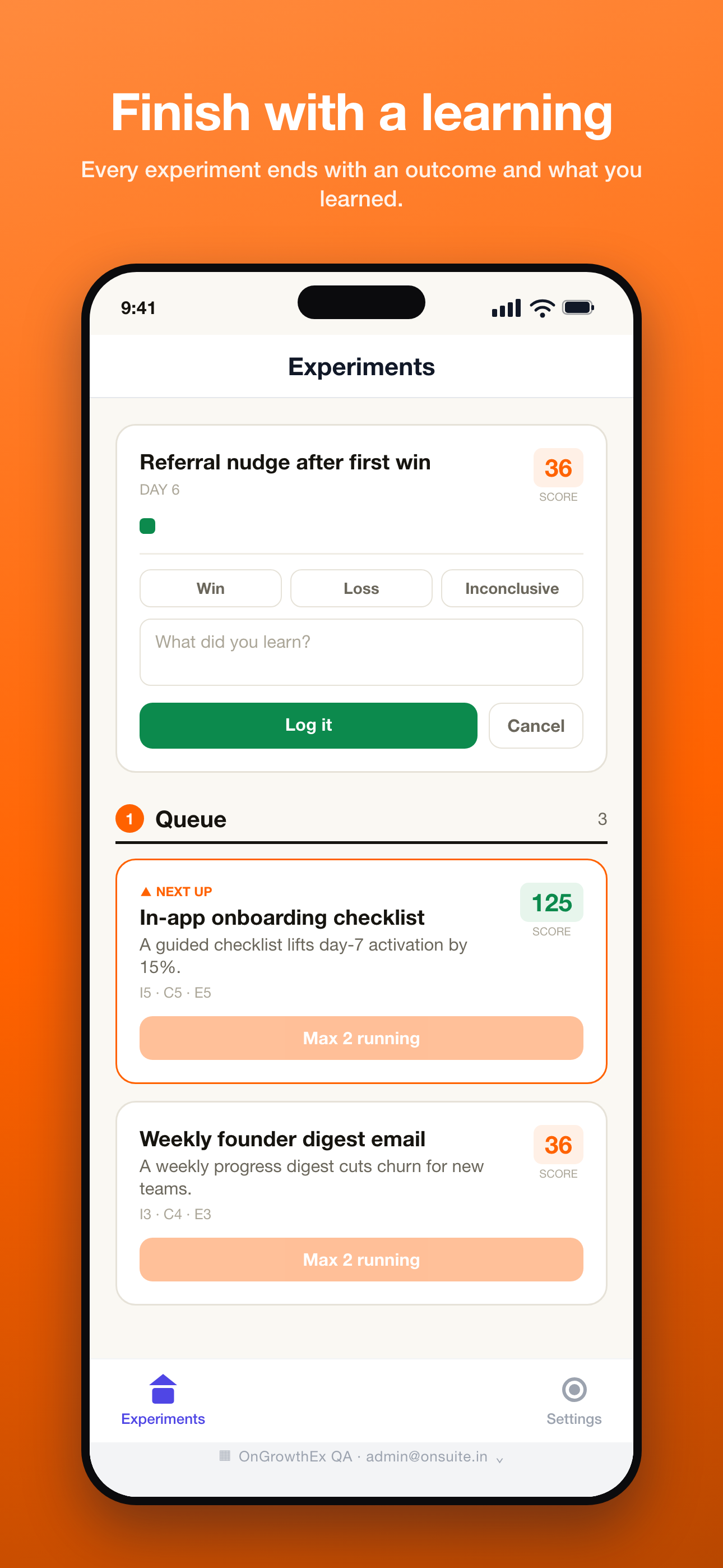 Mobile companion (Expo) — finishing an experiment: outcome and what you learned, with the queue below
