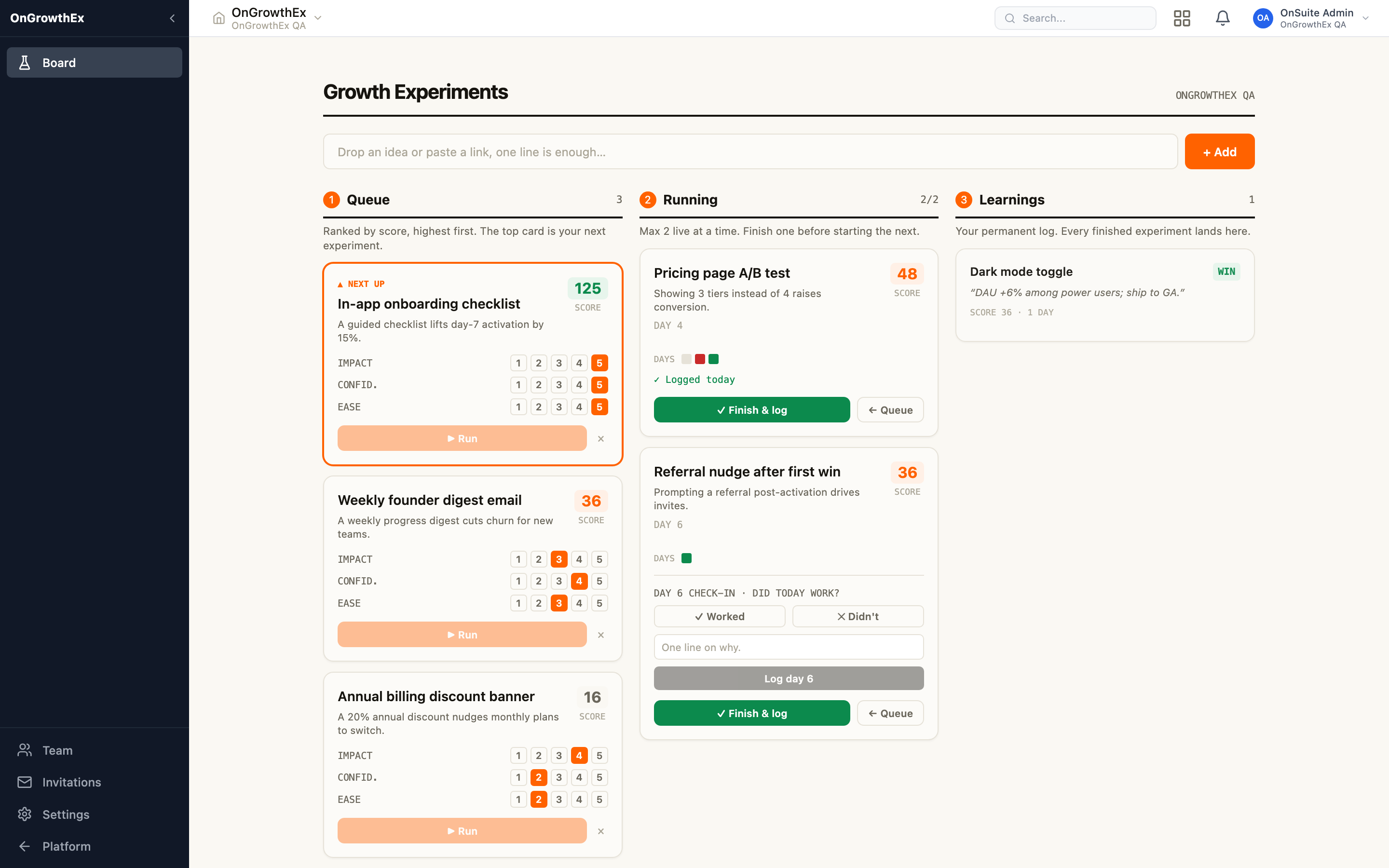 Board — Growth Experiments: the ICE-ranked queue, two running experiments with daily check-ins, and the Learnings log