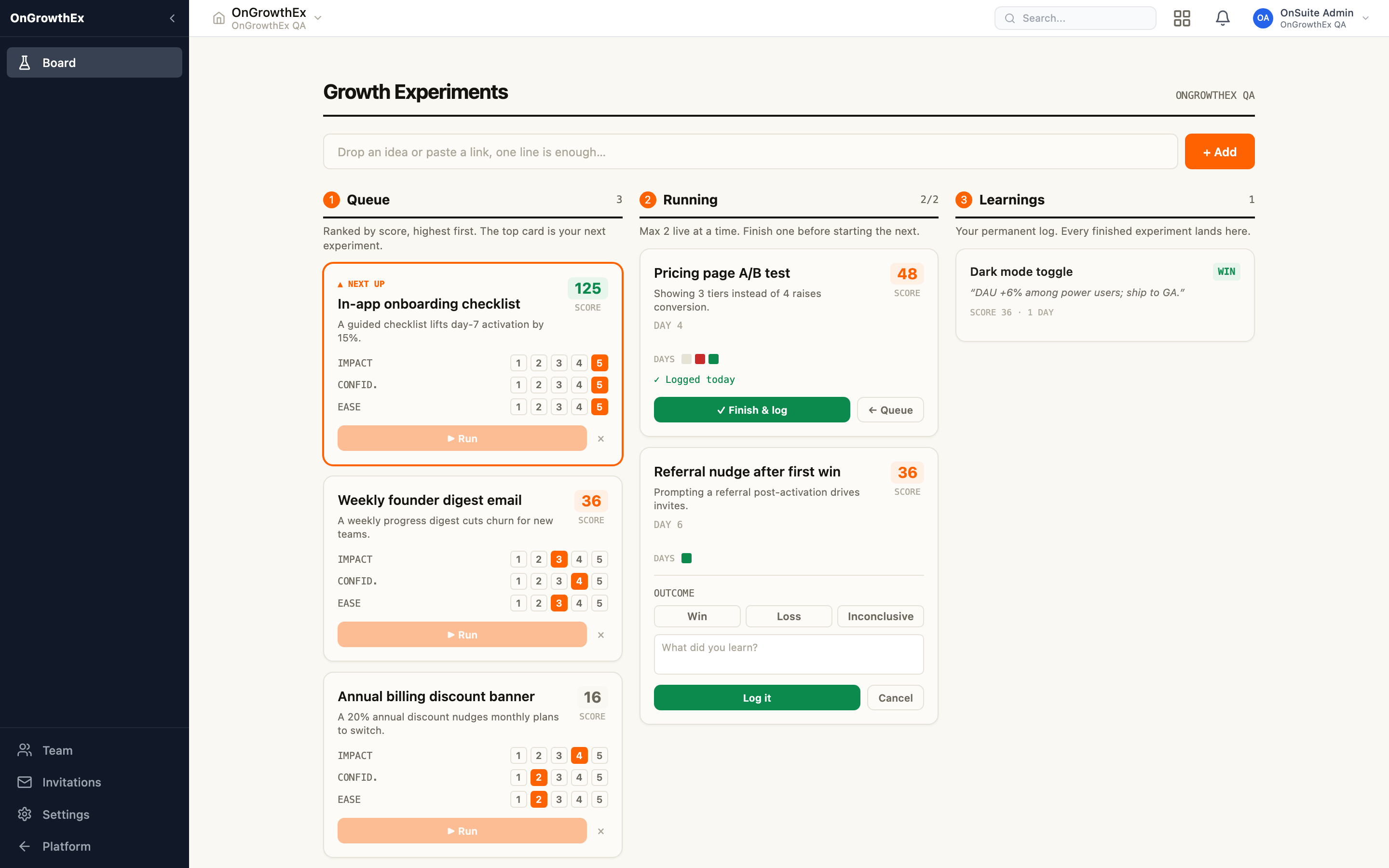 Board — finishing a running experiment: pick an outcome (win, loss, inconclusive) and write the learning